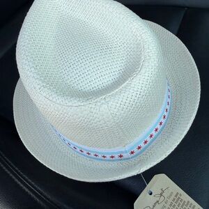 Panama Jack Cream Straw Fedora with Light Blue Band and Red Stars